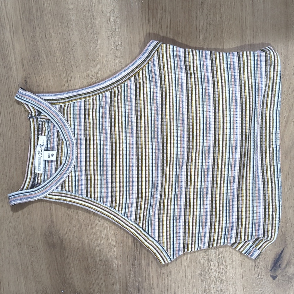 Express Striped Ribbed Crop Top in White, Yellow, Blue